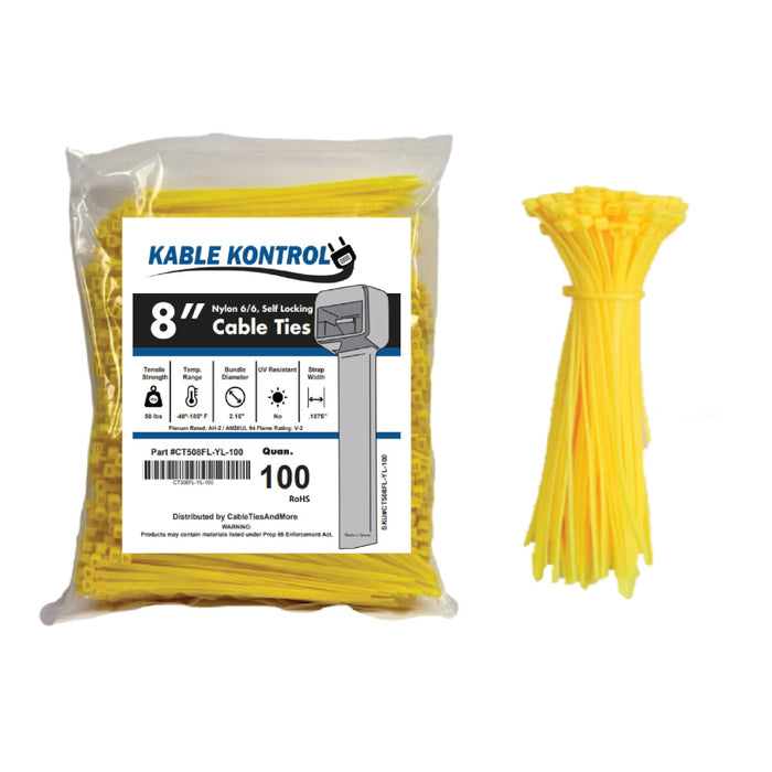 8 Inch - Color Zip Ties - Nylon - Fluorescent Yellow - 50 Lbs Strength - 100 Pcs
