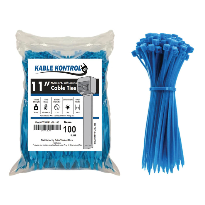 11 Inch - Color Zip Ties - Nylon - Fluorescent Blue - 50 Lbs Strength - 100 Pcs