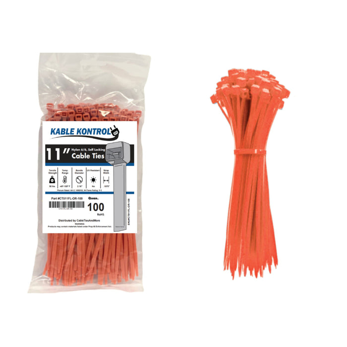 11 Inch - Color Zip Ties - Nylon - Fluorescent Orange - 50 Lbs Strength - 100 Pcs