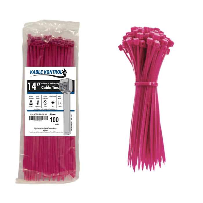 14 Inch - Color Zip Ties - Nylon - Fluorescent Pink - 50 Lbs Strength - 100 Pcs