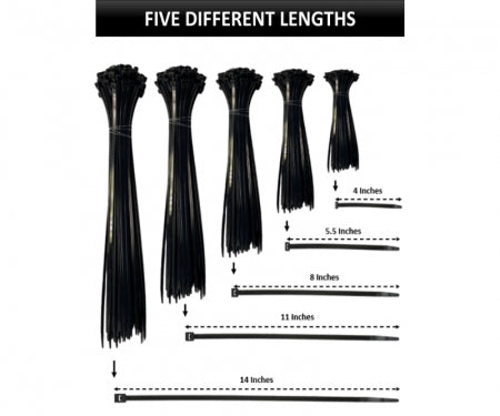 Assorted Sizes Zip Ties Kit - UV Resistant Nylon - Black - 500 Pcs