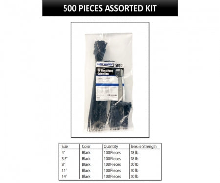 Assorted Sizes Zip Ties Kit - UV Resistant Nylon - Black - 500 Pcs