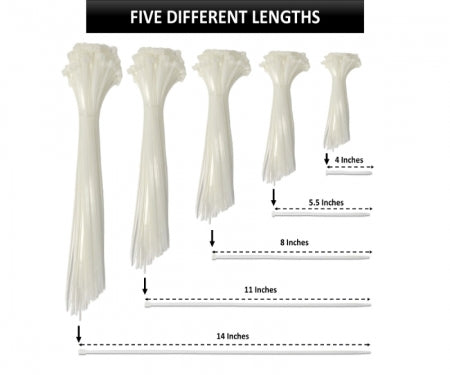 Assorted Sizes Zip Ties Kit - Nylon - Natural Clear - 500 Pcs