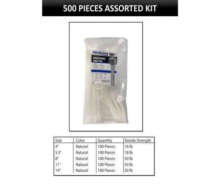 Assorted Sizes Zip Ties Kit - Nylon - Natural Clear - 500 Pcs