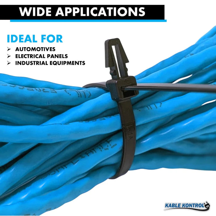 8 Inch - Push Mount Zip Ties - 50 Lbs Strength - 100 Pcs - Black