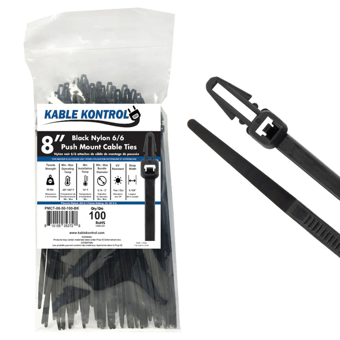 8 Inch - Push Mount Zip Ties - 50 Lbs Strength - 100 Pcs - Black
