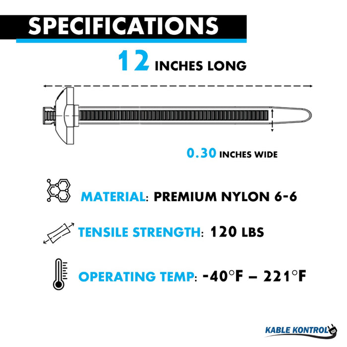12 Inch - Button Head Zip Ties - UV Resistant Nylon - Black - 120 Lbs Strength - 100 Pcs