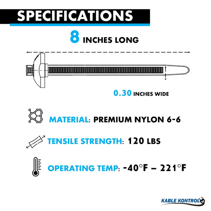 8 Inch - Button Head Zip Ties - UV Resistant Nylon - Black - 120 Lbs Strength - 100 Pcs