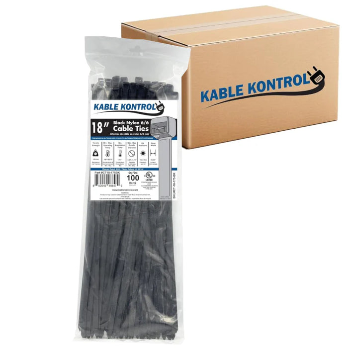 18 Inch - Zip Ties - UV Resistant Nylon - Black - 175 Lbs Strength - 1500 Pcs - Bulk Zip Ties