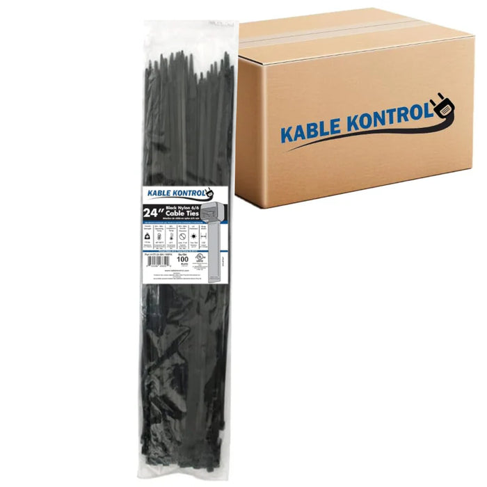 24 Inch - Zip Ties - UV Resistant Nylon - Black - 175 Lbs Strength - 1000 Pcs - Bulk Zip Ties