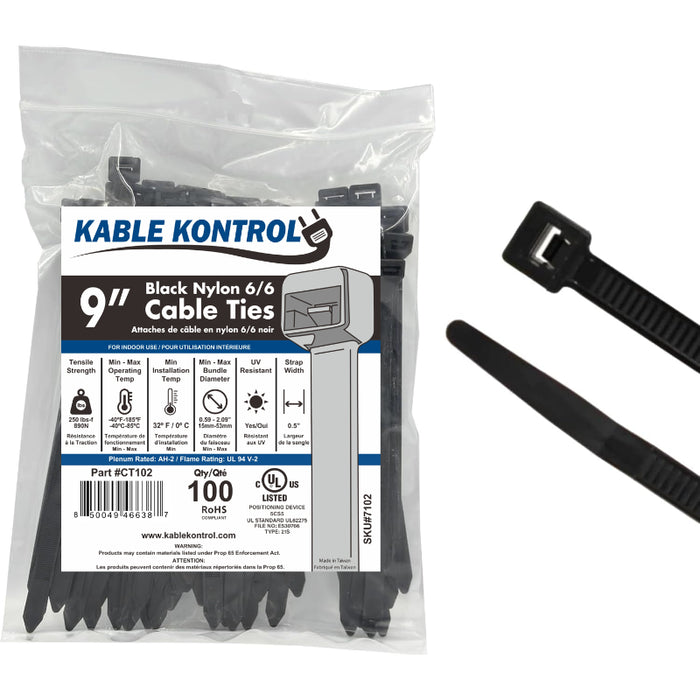 9 Inch - Zip Ties - UV Resistant Nylon - Black - 250 Lbs Strength - 100 Pcs