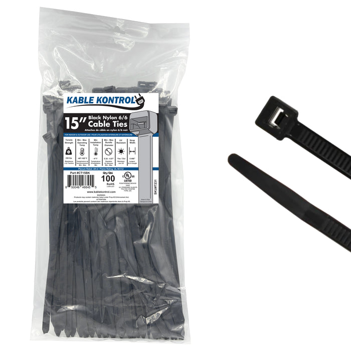 15" Inch Long - UV Resistant Heavy Duty Cable Zip Ties - Black - 250 Lbs Tensile Strength - 100 Pcs Pack