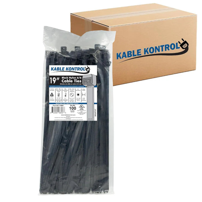 19 Inch - Zip Ties - UV Resistant Nylon - Black - 250 Lbs Strength - 1000 Pcs - Bulk Zip Ties