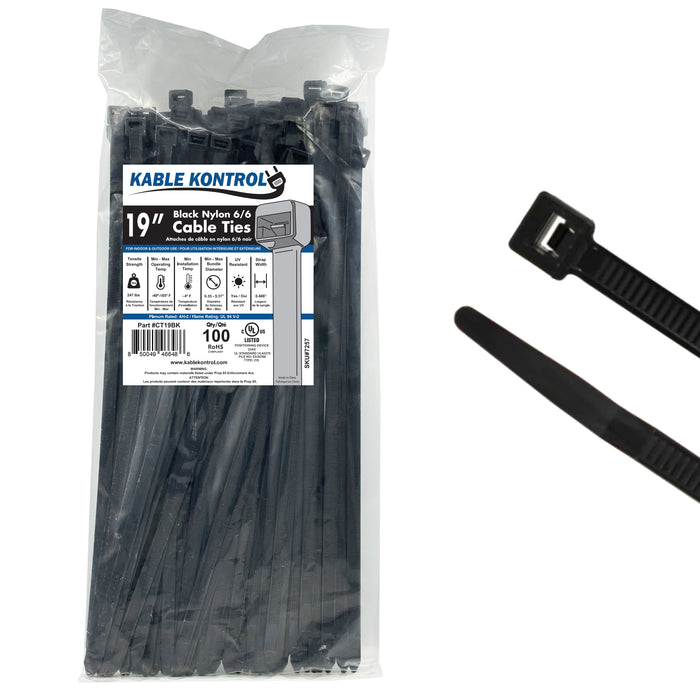 19" Inch Long - UV Resistant Heavy Duty Cable Zip Ties - Black - 250 Lbs Tensile Strength - 100 Pcs Pack