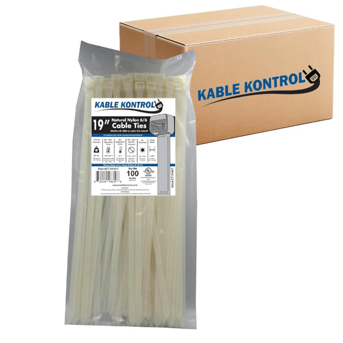 19 Inch - Zip Ties - Nylon - Natural - 250 Lbs Strength - 1000 Pcs - Bulk Zip Ties