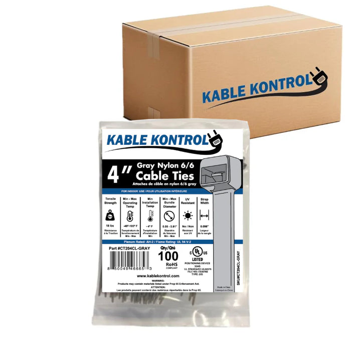 4 Inch - Color Zip Ties - Nylon - Gray - 18 Lbs Strength - 40000 Pcs - Bulk Zip Ties