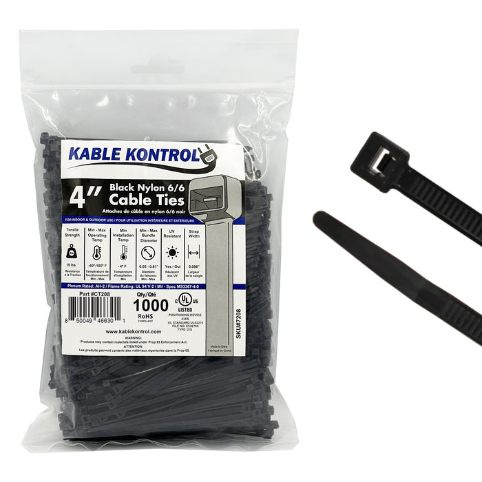 4" Inch Long - UV Resistant Nylon Zip Ties - Black - 18 Lbs Tensile Strength - 1000 Pcs Pack