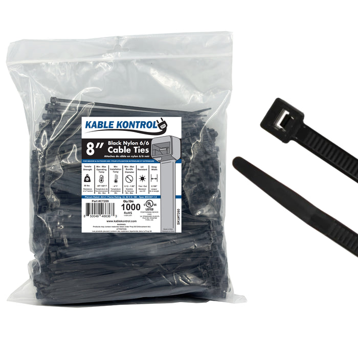 8" Inch Long - UV Resistant Nylon Zip Ties - Black - 50 Lbs Tensile Strength - 1000 Pcs Pack