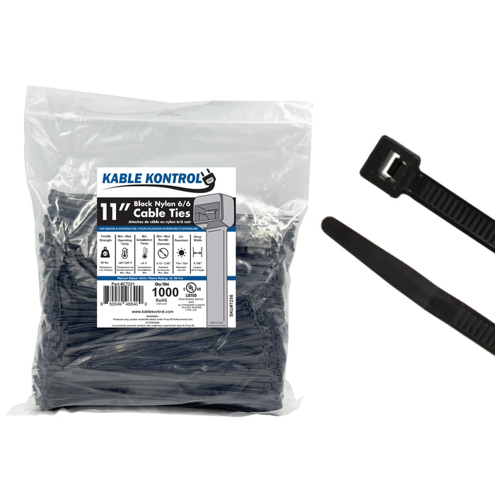 11" Inch Long - UV Resistant Nylon Zip Ties - Black - 50 Lbs Tensile Strength - 1000 Pcs Pack