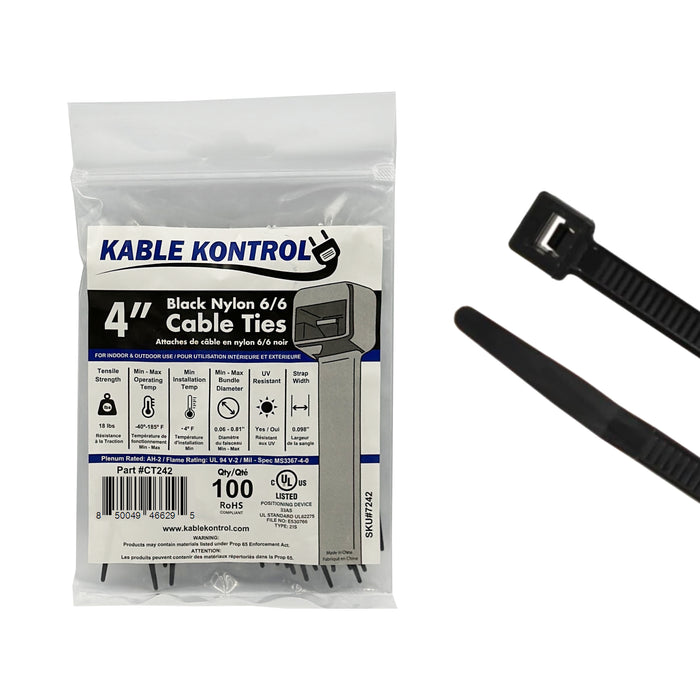 4" Inch Long - UV Resistant Nylon Cable Zip Ties - Black - 18 Lbs Tensile Strength - 100 Pcs Pack