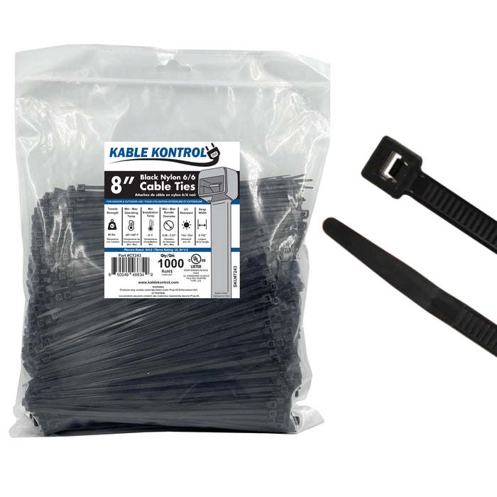 8" Inch Long - UV Resistant Nylon Zip Ties - Black - 40 Lbs Tensile Strength - 1000 Pcs Pack