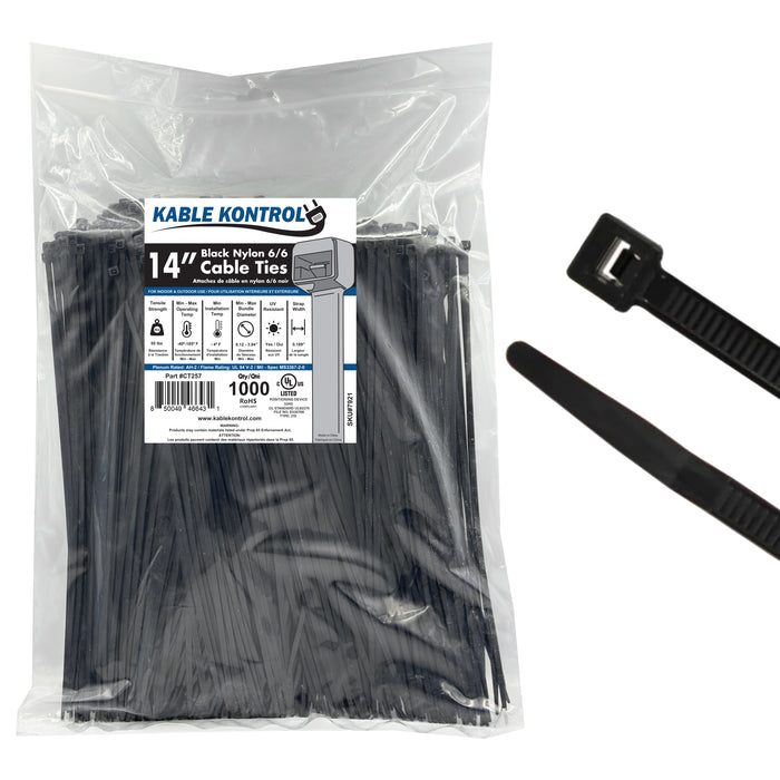 14" Inch Long - UV Resistant Nylon Zip Ties - Black - 50 Lbs Tensile Strength - 1000 Pcs Pack