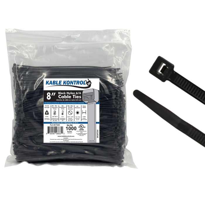 8" Inch Long - UV Resistant Nylon Zip Ties - Black - 18 Lbs Tensile Strength - 1000 Pcs Pack