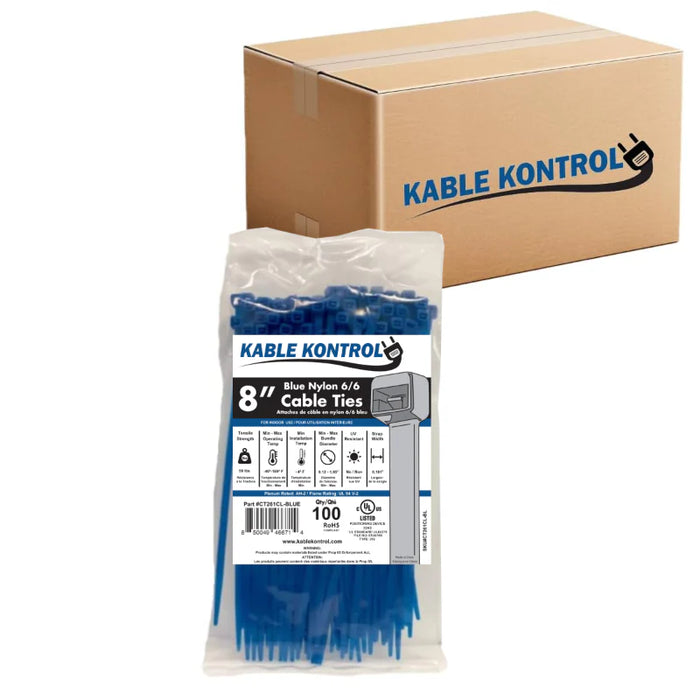 8 Inch - Color Zip Ties - Nylon - Blue - 50 Lbs Strength - 10000 Pcs - Bulk Zip Ties