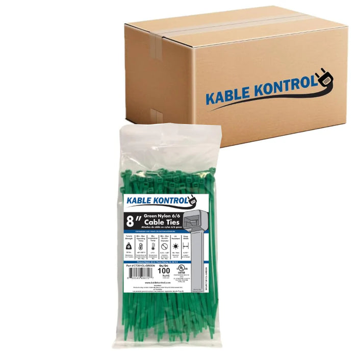 8 Inch - Color Zip Ties - Nylon - Green - 50 Lbs Strength - 10000 Pcs - Bulk Zip Ties