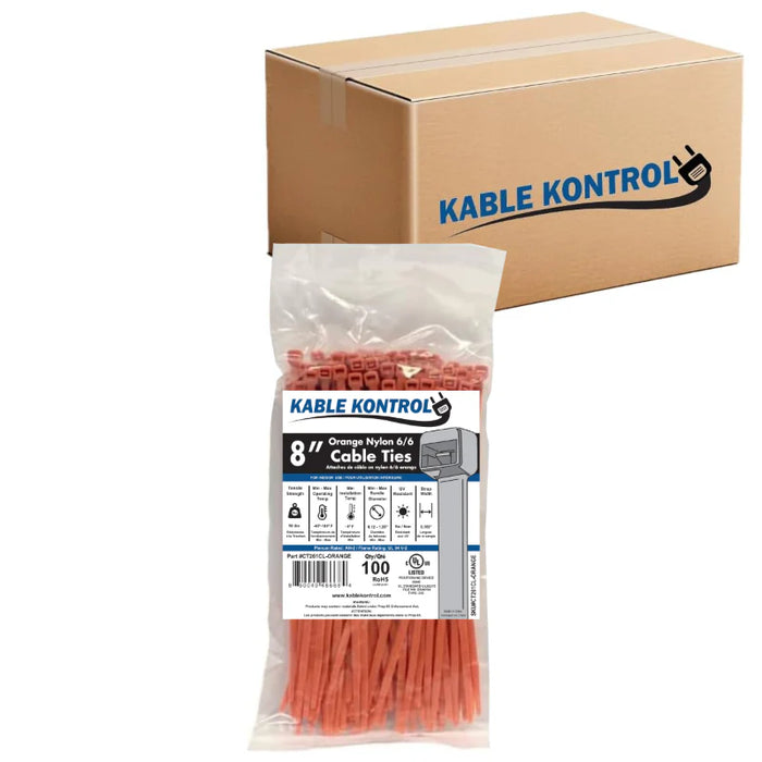 8 Inch - Color Zip Ties - Nylon - Orange - 50 Lbs Strength - 10000 Pcs - Bulk Zip Ties