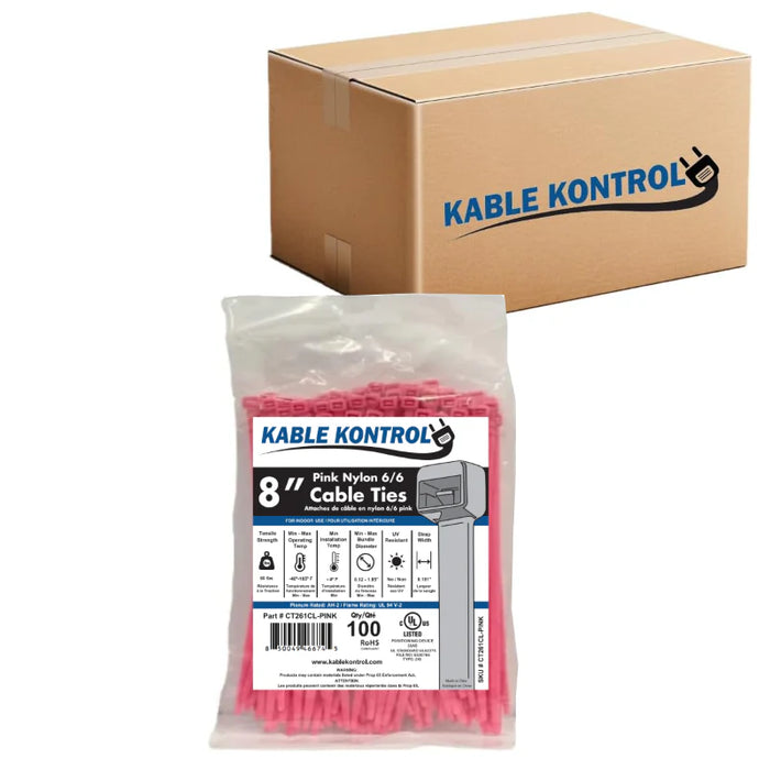 8 Inch - Color Zip Ties - Nylon - Pink - 50 Lbs Strength - 10000 Pcs - Bulk Zip Ties