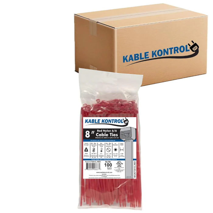 8 Inch - Color Zip Ties - Nylon - Red - 50 Lbs Strength - 10000 Pcs - Bulk Zip Ties