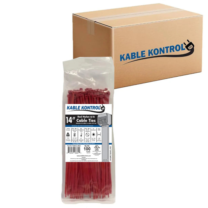 14 Inch - Color Zip Ties - Nylon - Red - 50 Lbs Strength - 6000 Pcs - Bulk Zip Ties