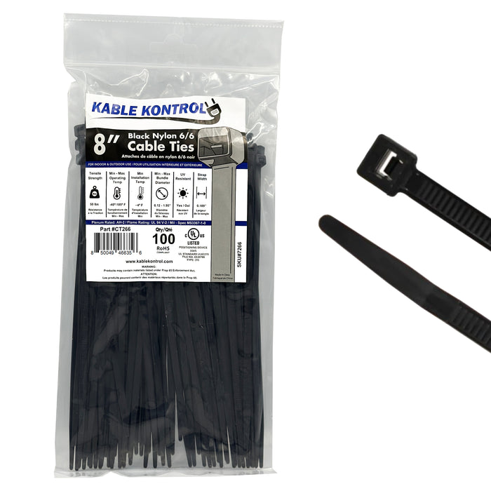 8" Inch Long - UV Resistant Nylon Zip Ties - Black - 50 Lbs Tensile Strength - 100 Pcs Pack