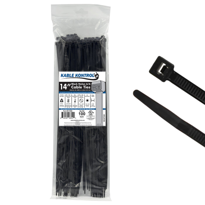 14" Inch Long - UV Resistant Nylon Zip Ties - Black - 50 Lbs Tensile Strength - 100 Pcs Pack