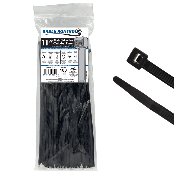 11" Inch Long - UV Resistant Heavy Duty Cable Zip Ties - Black - 120 Lbs Tensile Strength - 100 Pcs Pack