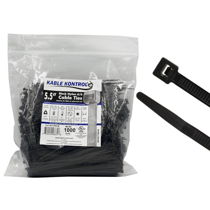 5.5" Inch Long - UV Resistant Nylon Cable Zip Ties - Black - 18 Lbs Tensile Strength - 1000 Pcs Pack