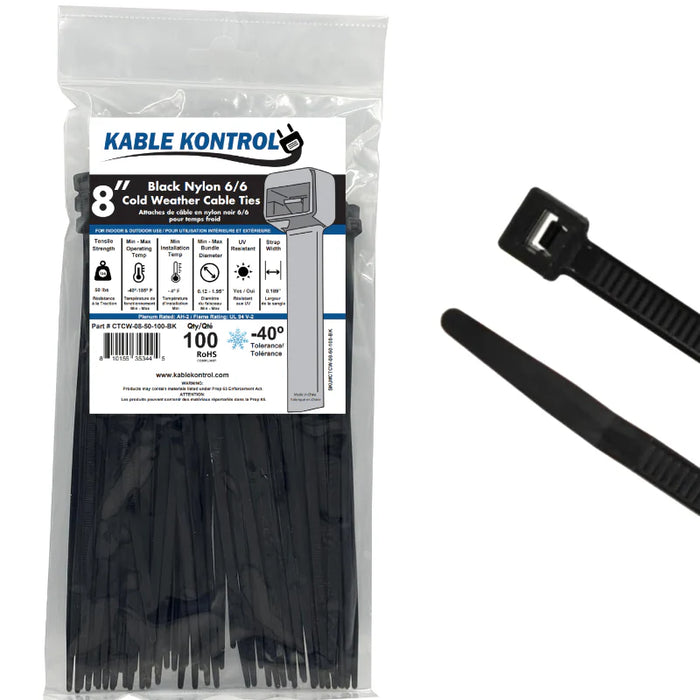 8 Inch - Cold Weather Zip Ties - Black - 50 Lbs Strength - 100 Pcs