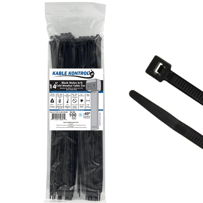 14 Inch - Cold Weather Zip Ties - Black - 50 Lbs Strength - 100 Pcs