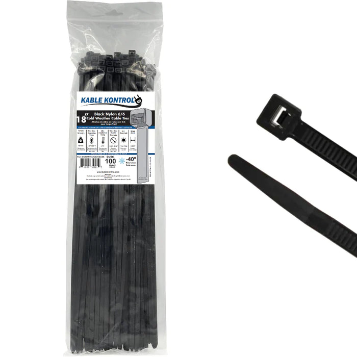 18 Inch - Cold Weather Zip Ties - Black - 120 Lbs Strength - 100 Pcs