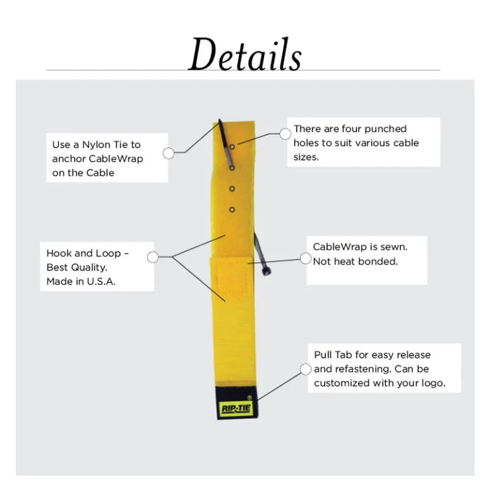 Rip-Tie® Write-On CableWrap Hook and Loop Strap - 3" L x 1" W - Nylon - Yellow