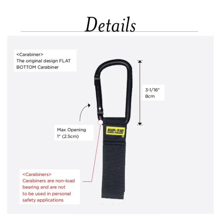 Rip-Tie® Black Carabiner Hook And Loop Strap - 6" L x 1" W - Nylon - Black