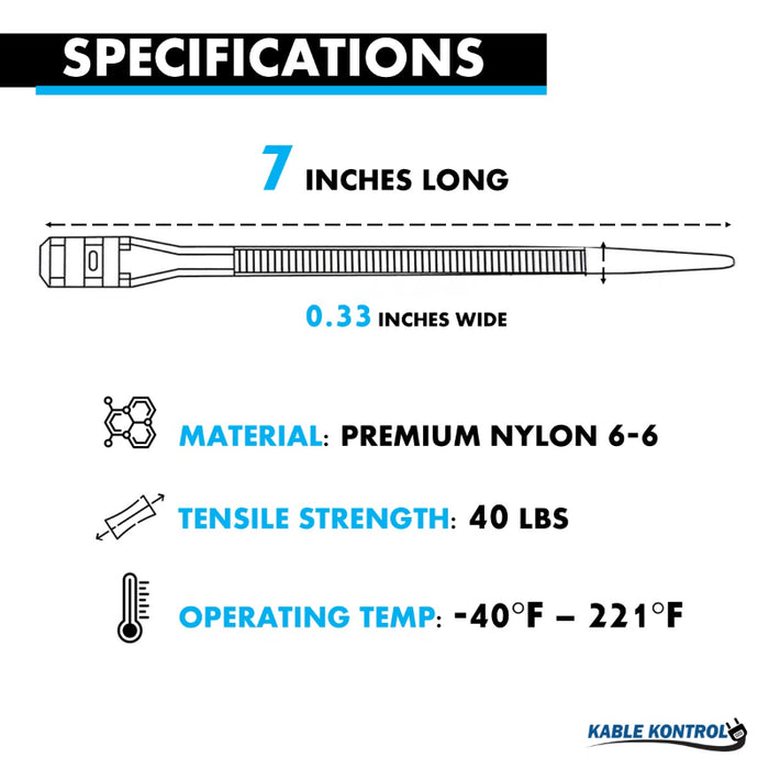 7 Inch - Low Profile Zip Ties - UV Resistant Nylon - Black - 88 Lbs Strength - 100 Pcs