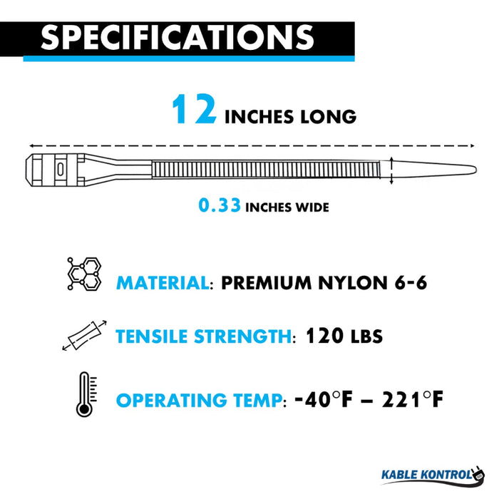 12 Inch - Low Profile Zip Ties - UV Resistant Nylon - Black - 120 Lbs Strength - 100 Pcs