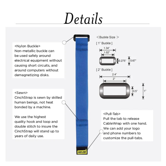 Rip-Tie® CinchStrap Hook and Loop - 9" L x 1" W - Nylon - Blue