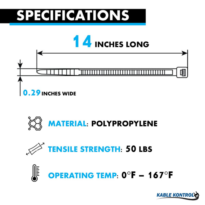 14 Inch - Polypropylene Zip Ties - 50 lbs Tensile Strength - 100 Pcs - Black