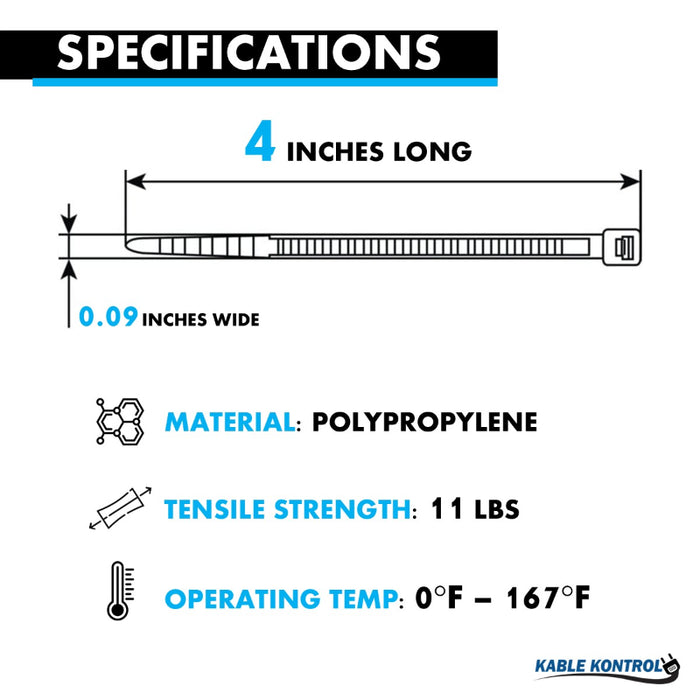 4 Inch - Polypropylene Zip Ties - 11 lbs Tensile Strength - 100 Pcs - Black