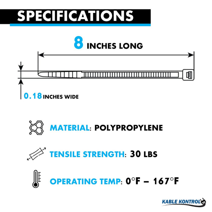 8 Inch - Polypropylene Zip Ties - 30 lbs Tensile Strength - 100 Pcs - Black