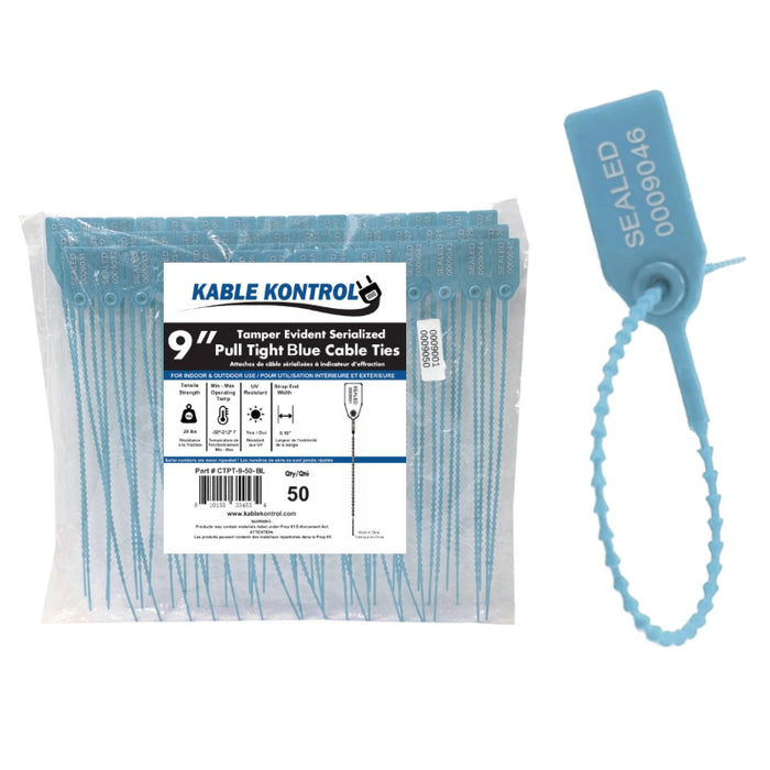 9 Inch - Pull Tight Serialized Tamper Evident Zip Tie Seals - 20 Lbs Strength - 50 Pcs - Blue
