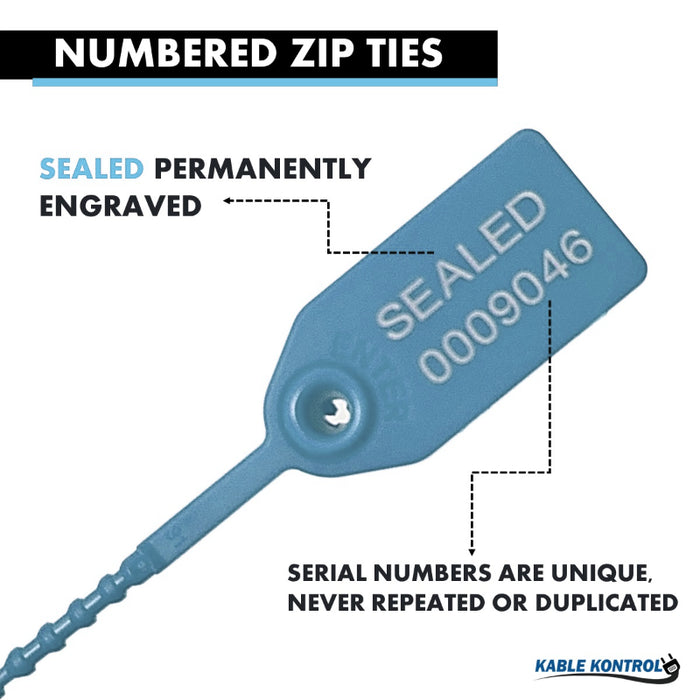 9 Inch - Pull Tight Serialized Tamper Evident Zip Tie Seals - 20 Lbs Strength - 50 Pcs - Blue